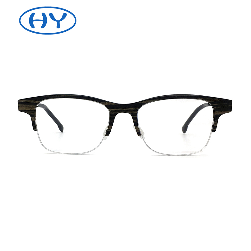 Half Frame Carbon Firber Eyeglasses with Wood Layer on Surface Business Style